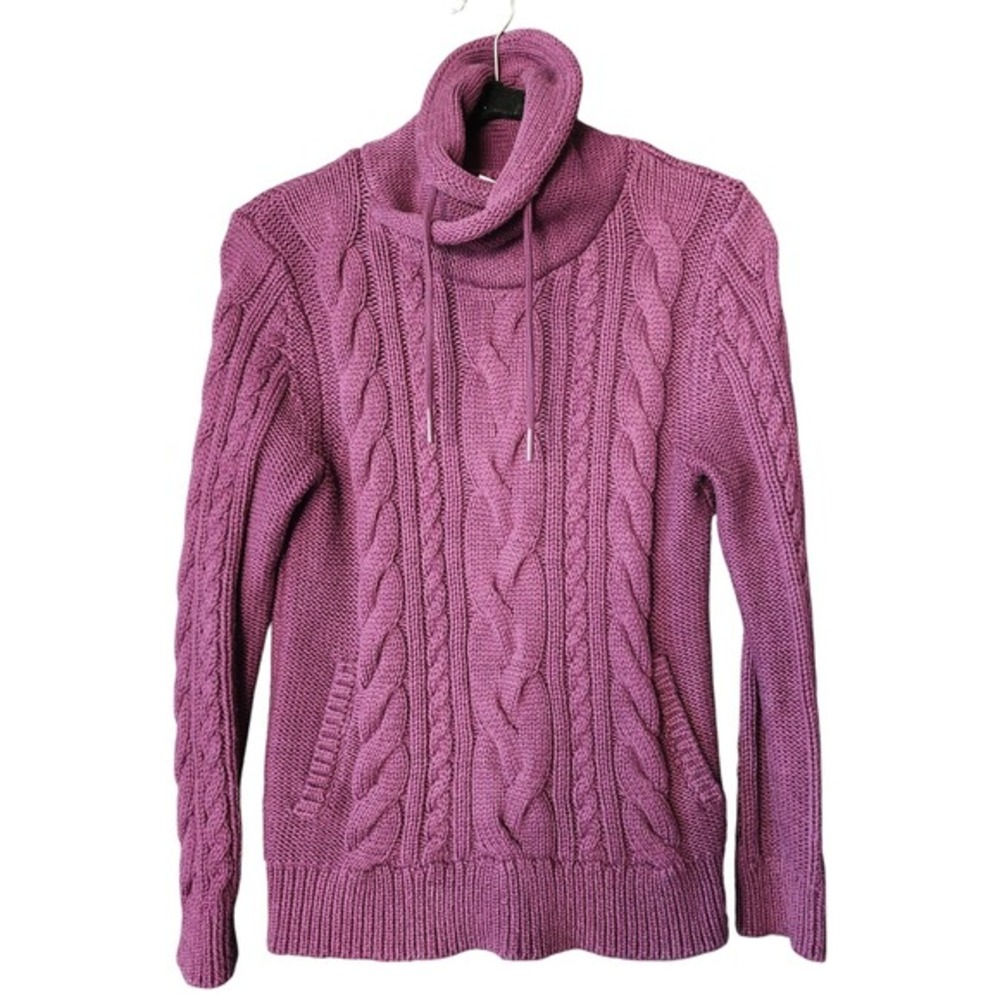 LL Bean Sweater Womens S Purple Cotton Double L Fisherman Cable Funnel Neck